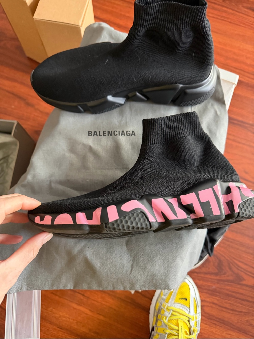 Balenciaga Kids Black Sock Sneaker with Pink Logo Sole